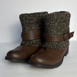Leila Stone Brown Faux Leather Ankle Boots with Knit Cuff and Buckle Women's 6.5